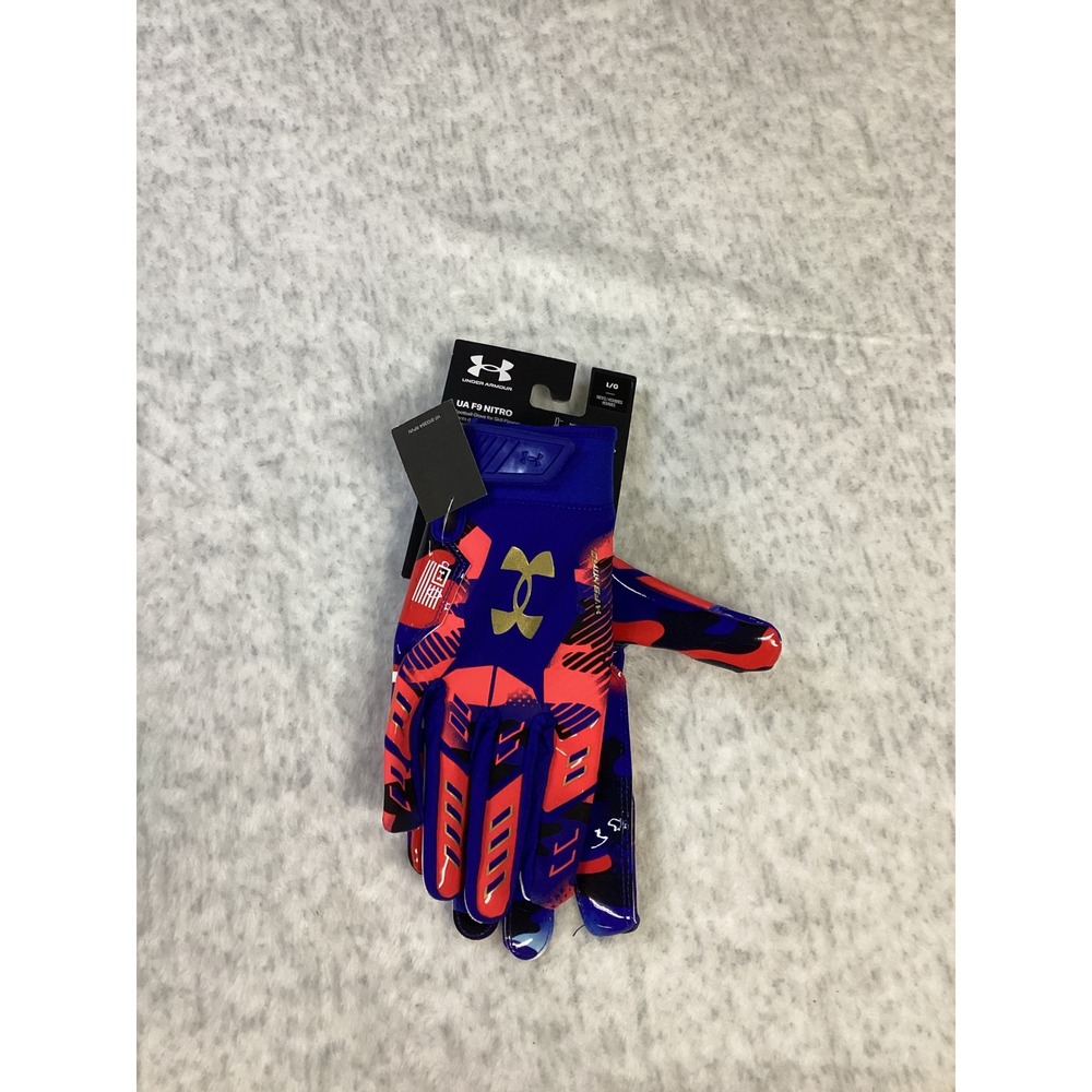 UnderArmour Men UA F9 Nitro Football Gloves Blue Red Camo GlueGrip Large 1381942